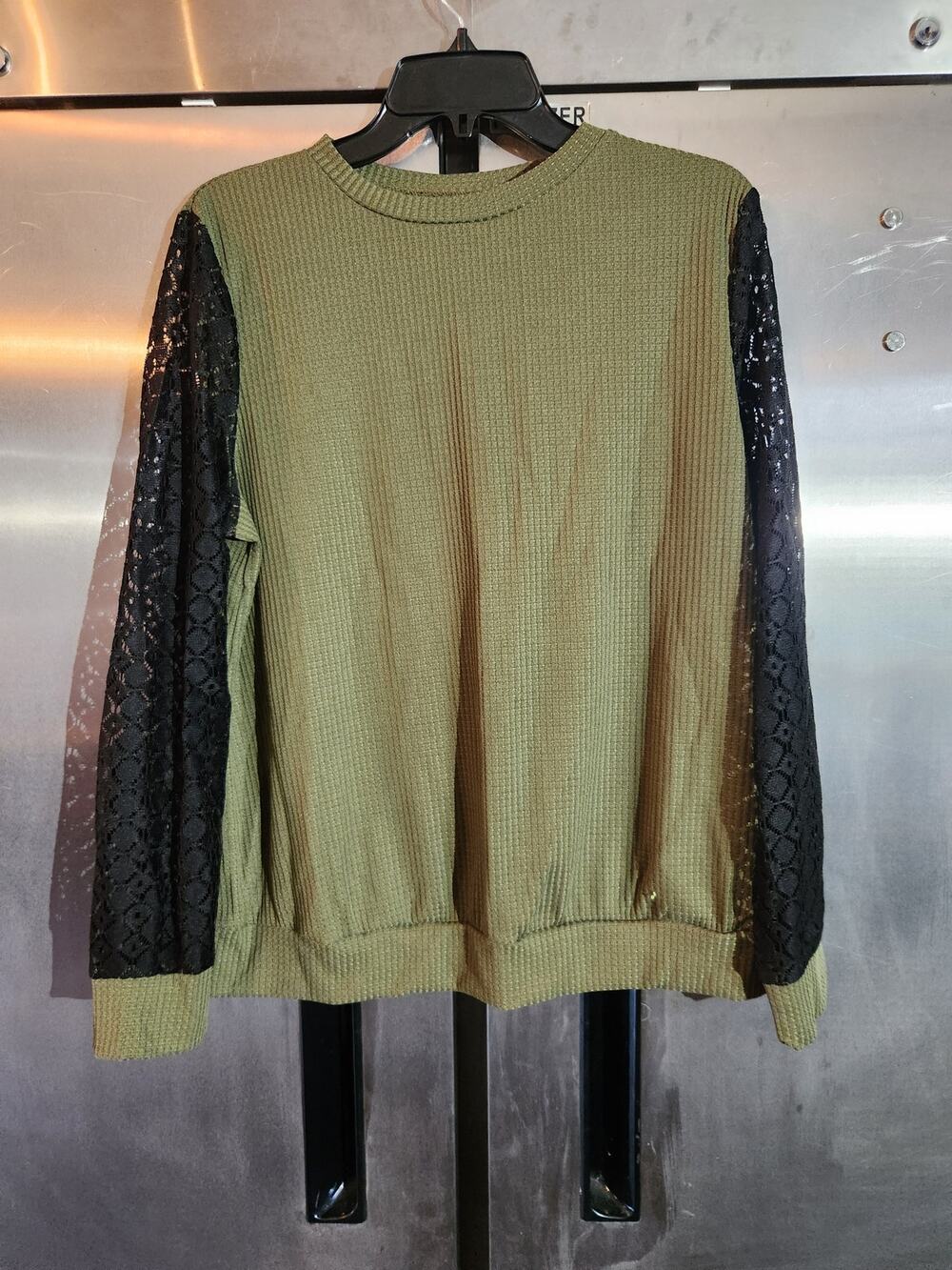 Shein Waffle Knit Top Olive Green Sheer Black Lace Sleeves Size XL
